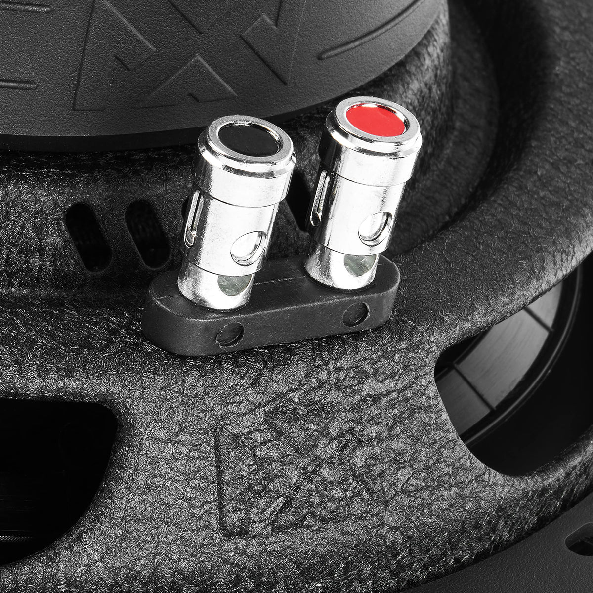 NVX SMW10D4 dual 4-ohm terminals for flexible wiring.