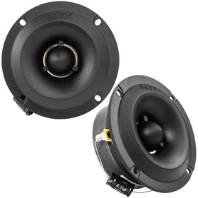 NVX VPRO35TW tweeter close-up in aluminum housing for tight spaces.