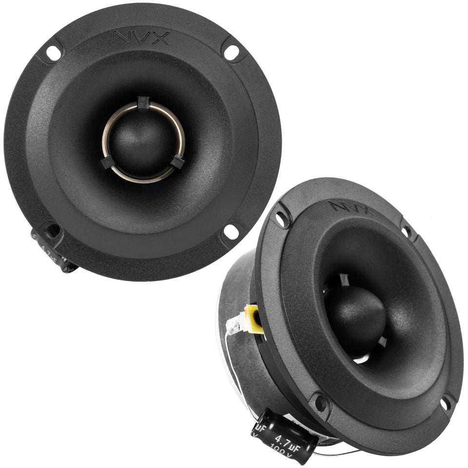 NVX VPRO35TW tweeter close-up in aluminum housing for tight spaces.