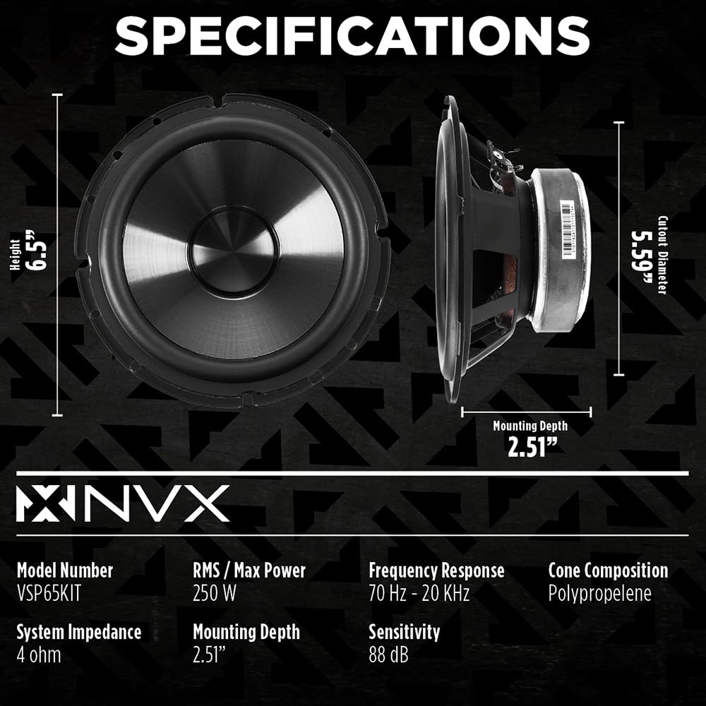 NVX VSP65KIT woofer magnet assembly details highlight strong, responsive bass regions.