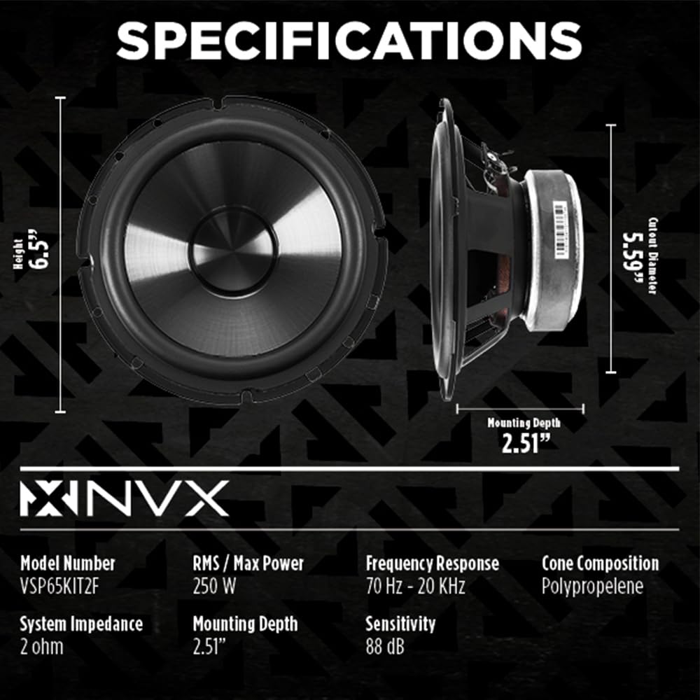 NVX VSP65KIT2F silk dome tweeter delivers crisp highs without harshness.