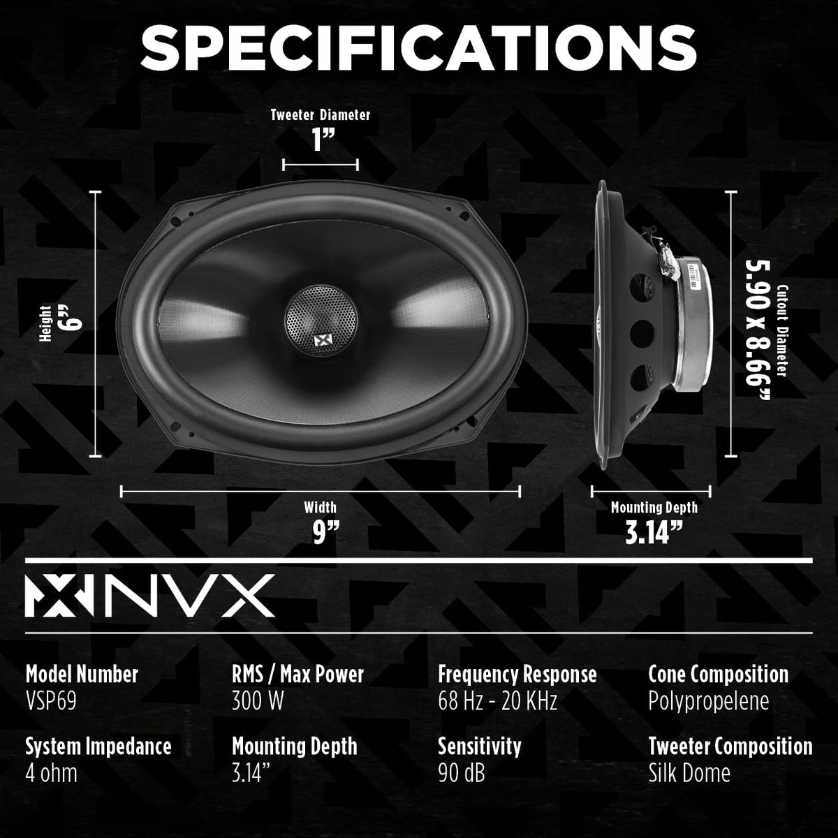 NVX VSP69 polypropylene cone closeup shows lightweight accuracy for precise midrange.