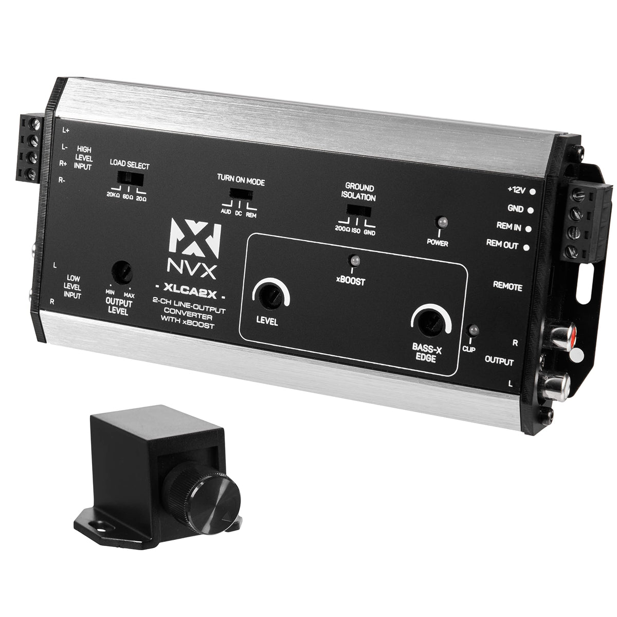 NVX XLCA2X line-out converter front view for clean bass boost and easy mounting.