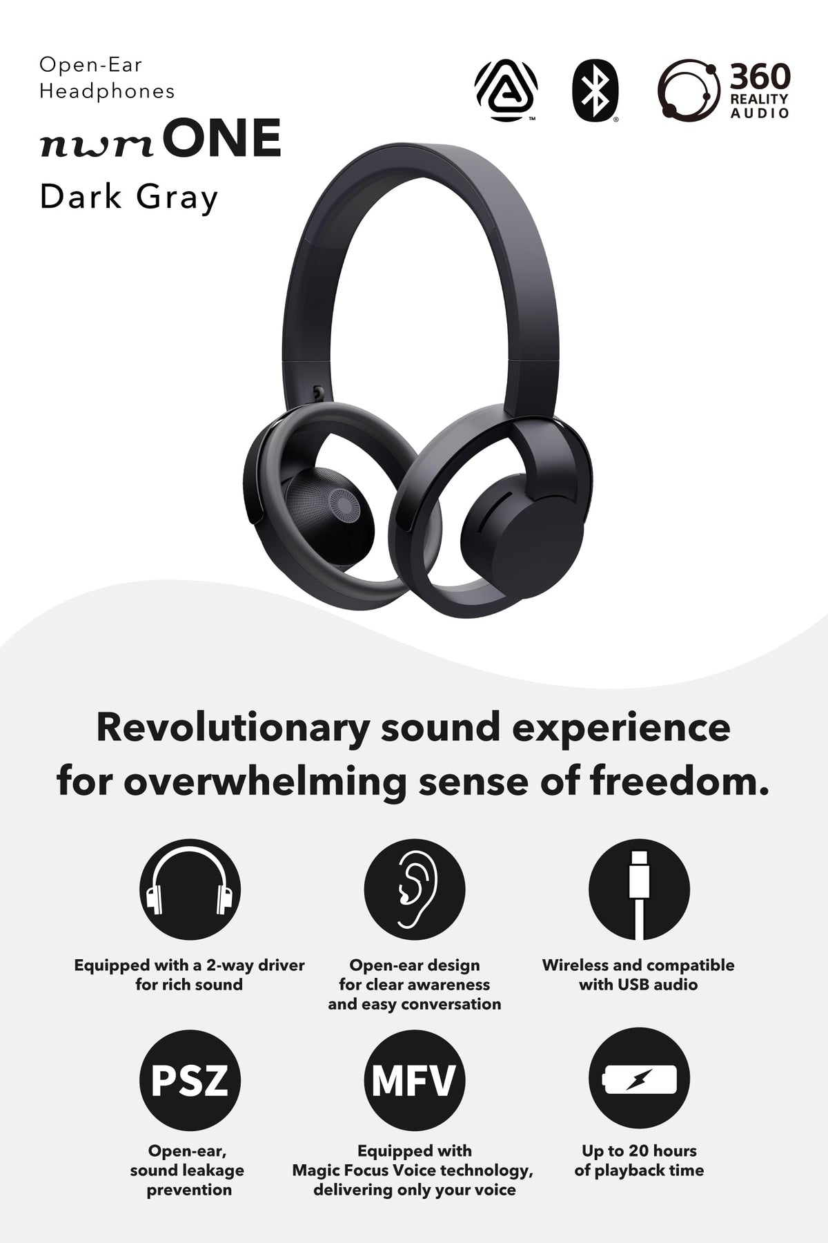 nwm ONE wireless open-ear headphones dark gray product shot for modern daily wear.