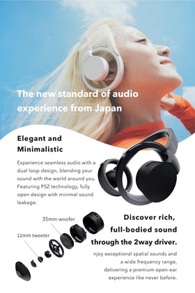 nwm ONE wireless open-ear headphones two-way drivers detail for rich highs and lows.