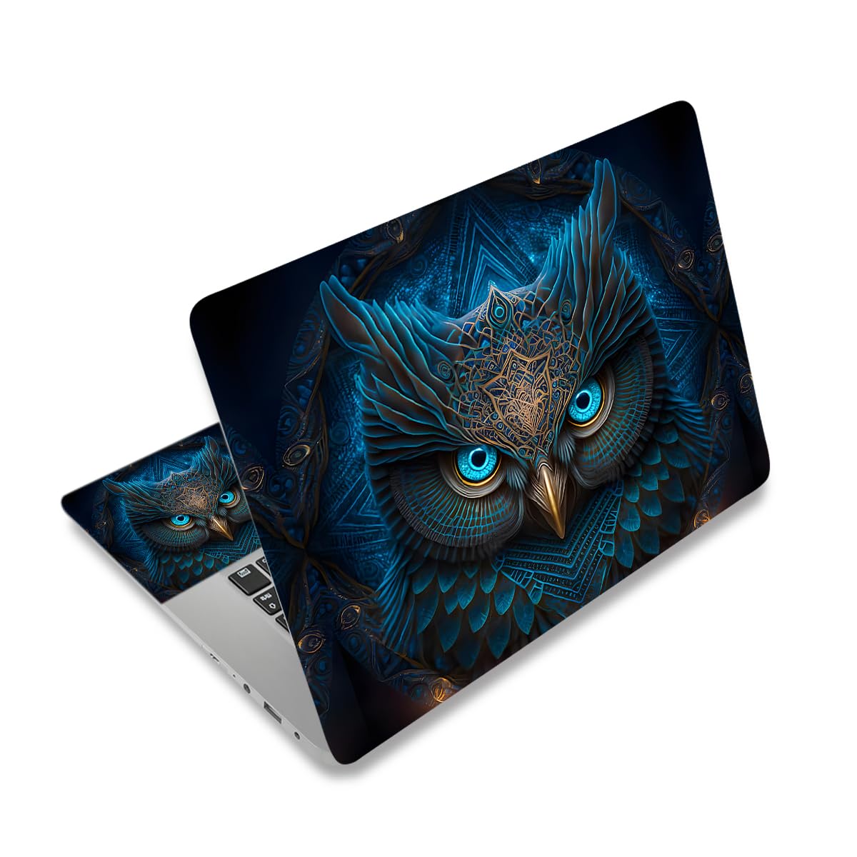 NXZGO Blue Owl laptop skin back view showing protective waterproof finish