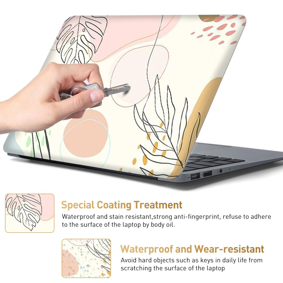 NXZGO boho leaf laptop skin side right preserves finish.