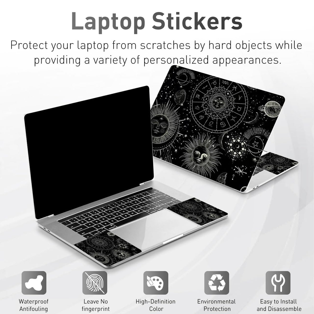 NXZGO Cosmic Sun Moon laptop skin left touchpad side protects edges.