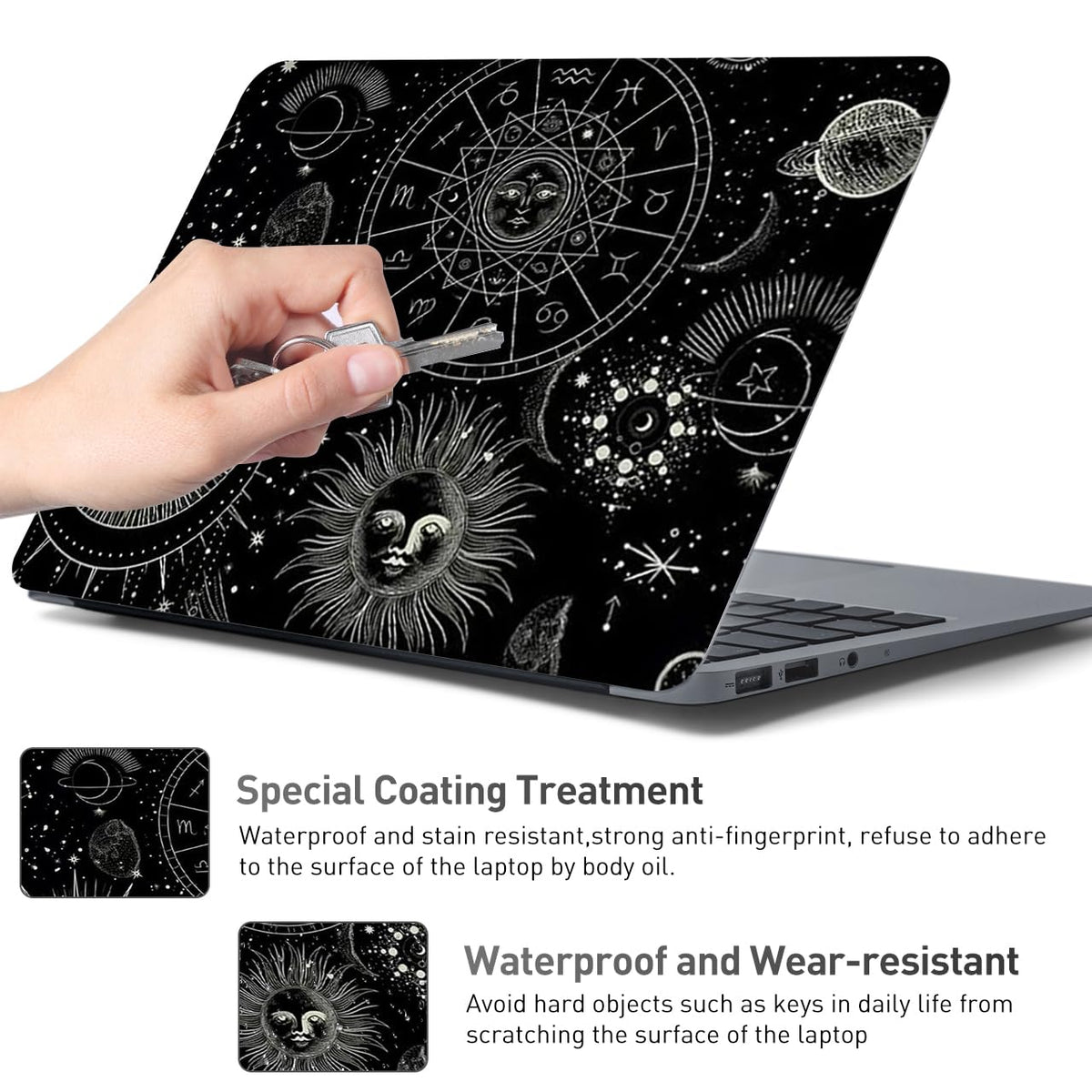 NXZGO Cosmic Sun Moon laptop skin packaging with three-film set.