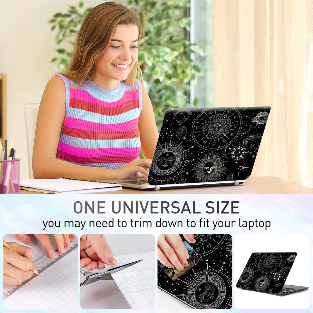 NXZGO Cosmic Sun Moon laptop skin texture close-up shows smooth material.