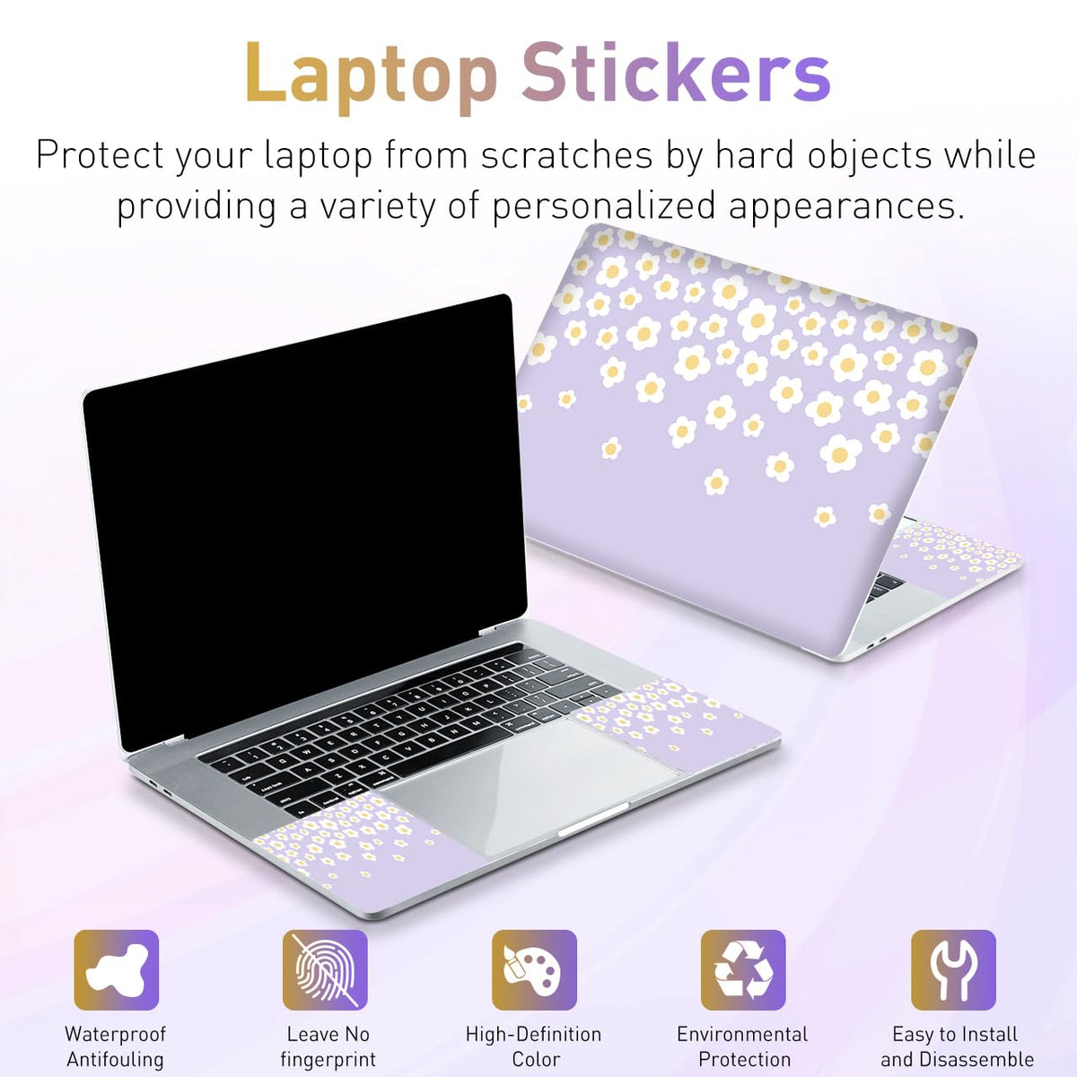 NXZGO Lavender Happy Flower laptop skin close-up material highlights premium PVC layers for smooth application.