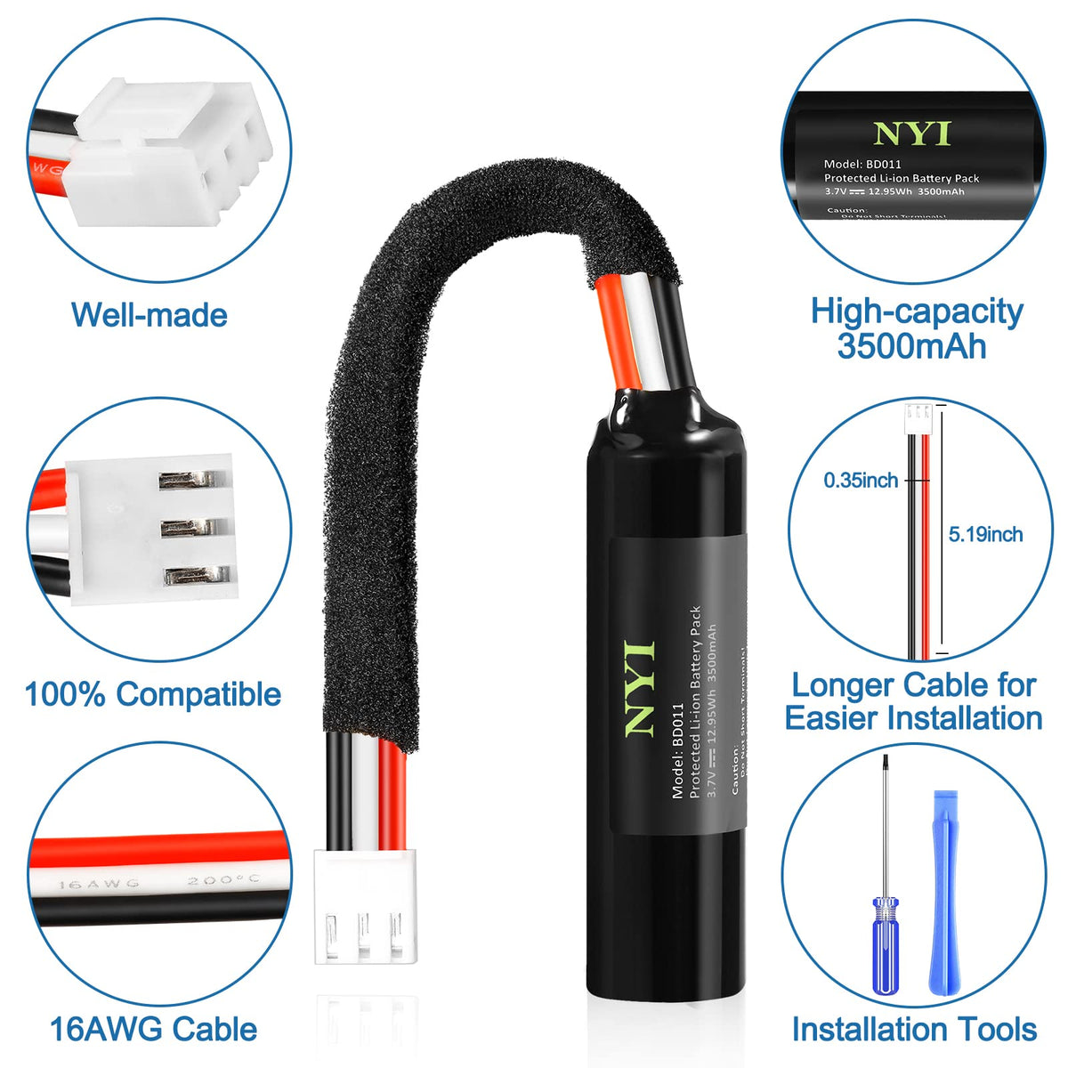 Tools and adhesive tapes included for NYI battery installation