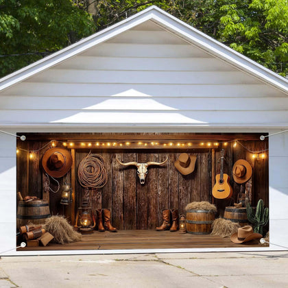 NYMB front view of 16x7ft garage banner showing Wild West barn benefit dramatic entrance