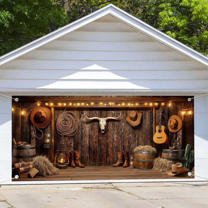 NYMB front view of 16x7ft garage banner showing Wild West barn benefit dramatic entrance