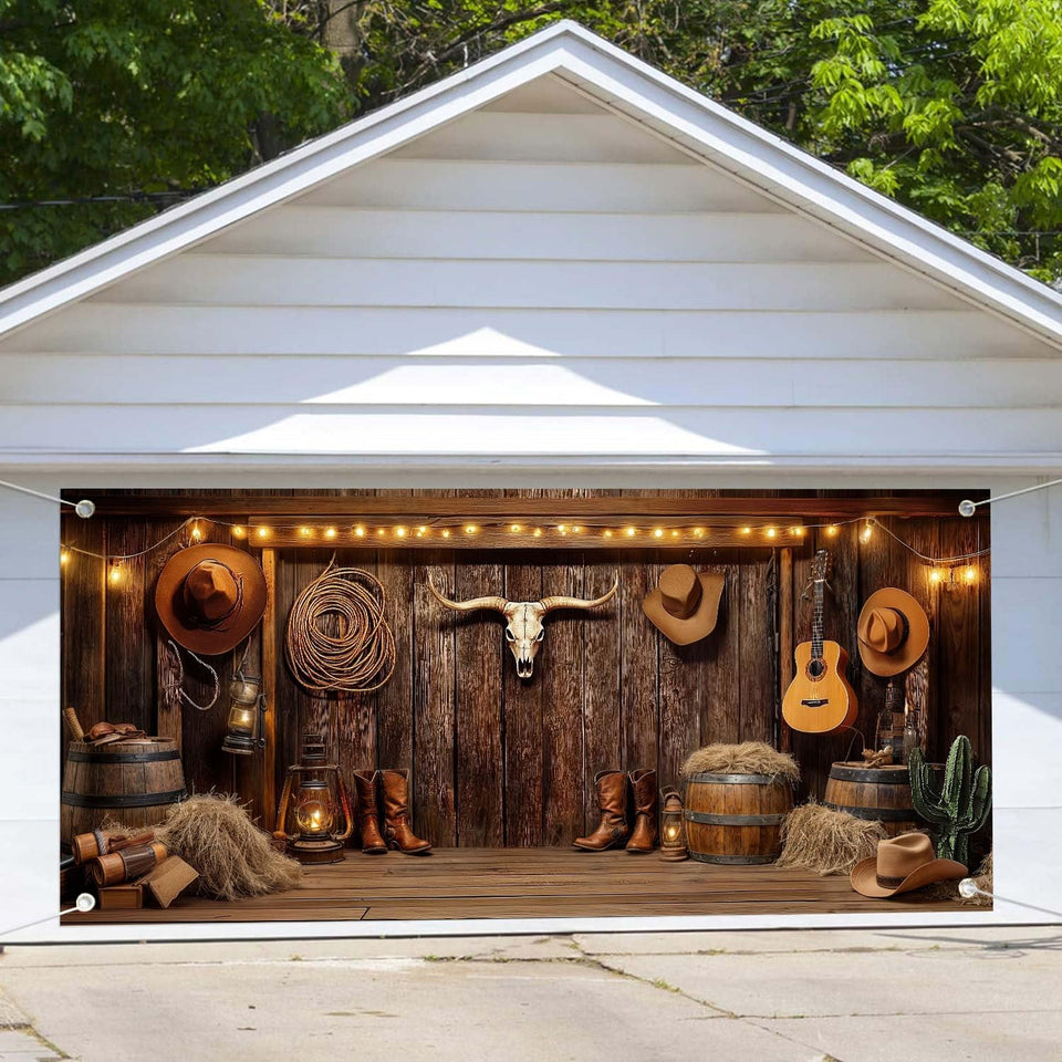 NYMB front view of 16x7ft garage banner showing Wild West barn benefit dramatic entrance