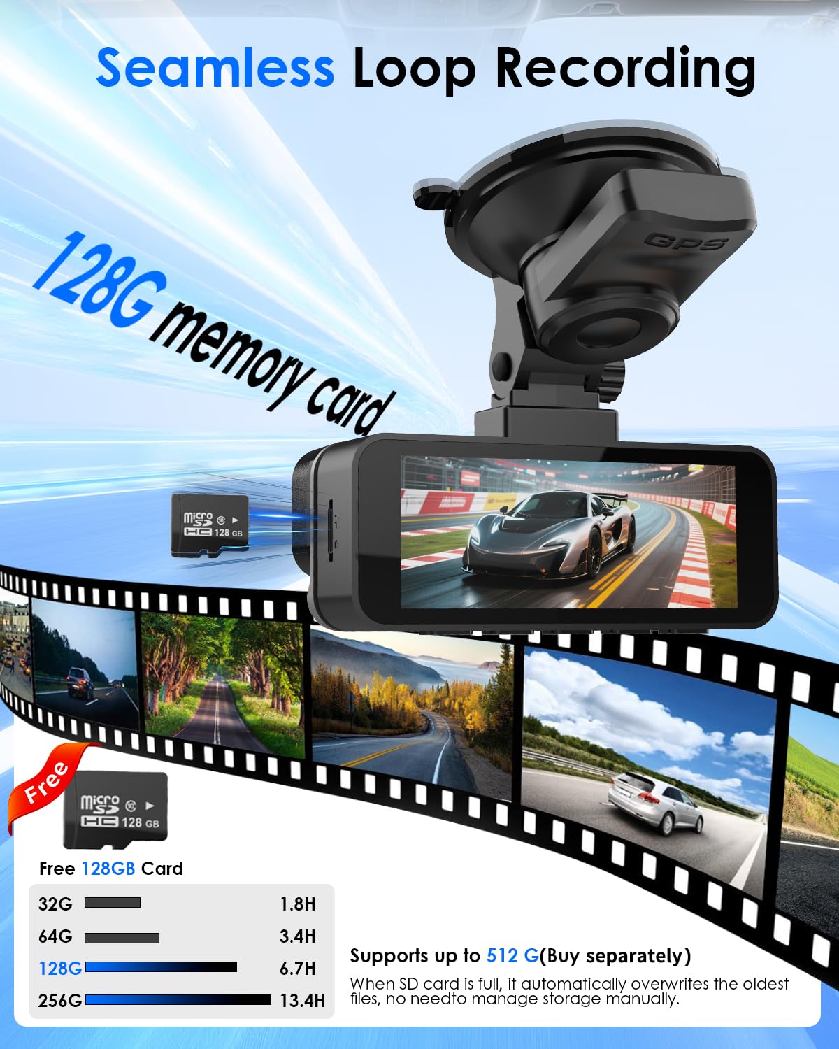 Nymzview dashcam 128GB SD card ensures ample loop storage.