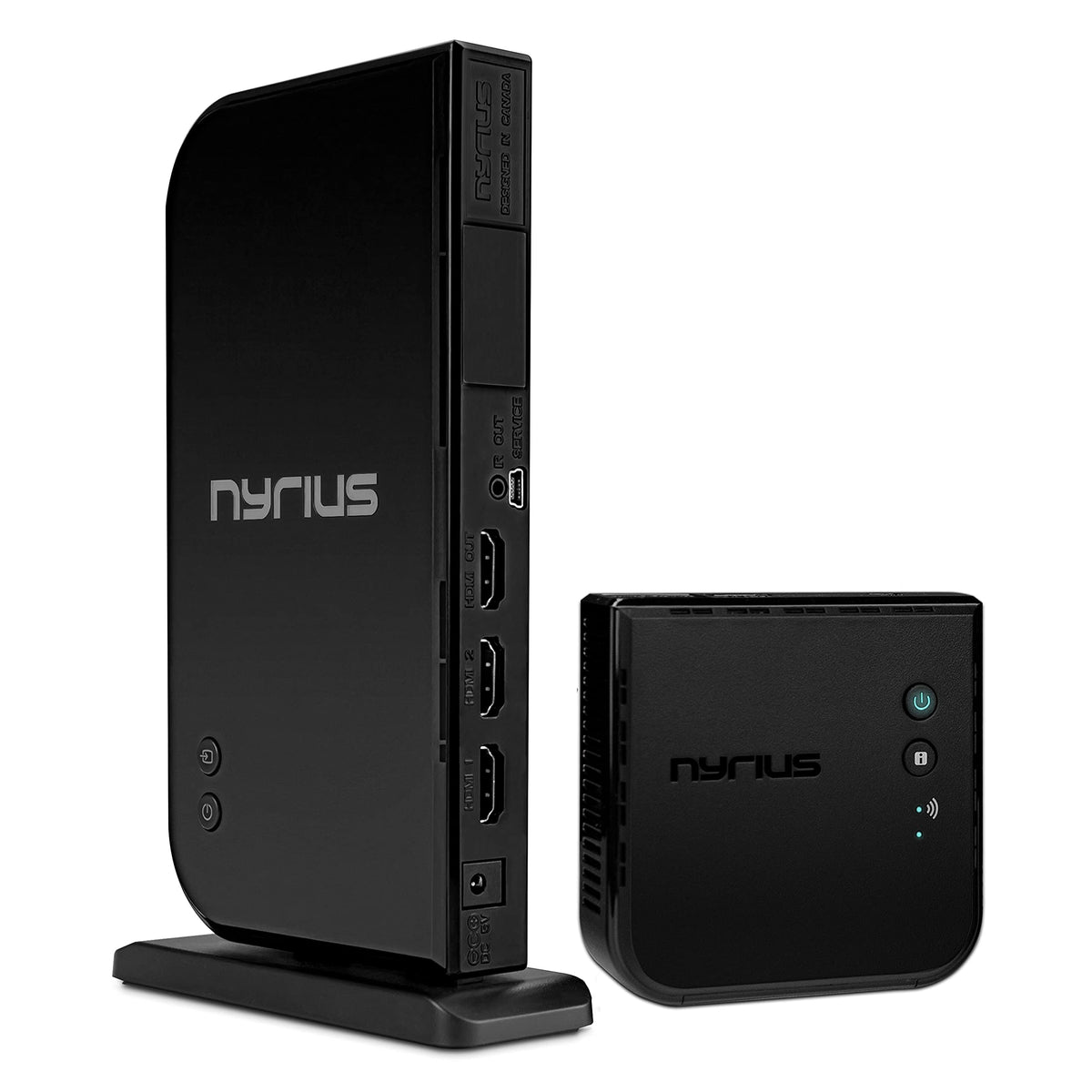 Nyrius Aries Home+ front view showing compact wireless HDMI transmitter for easy streaming.