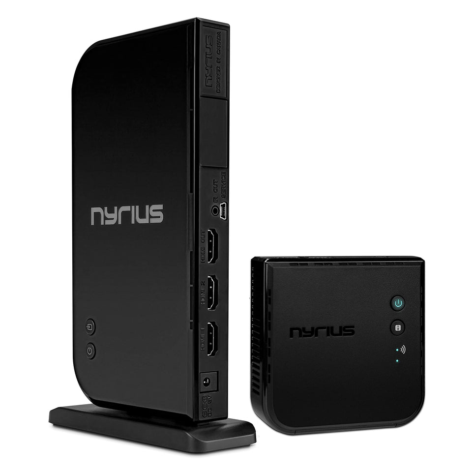 Nyrius Aries Home+ front view showing compact wireless HDMI transmitter for easy streaming.