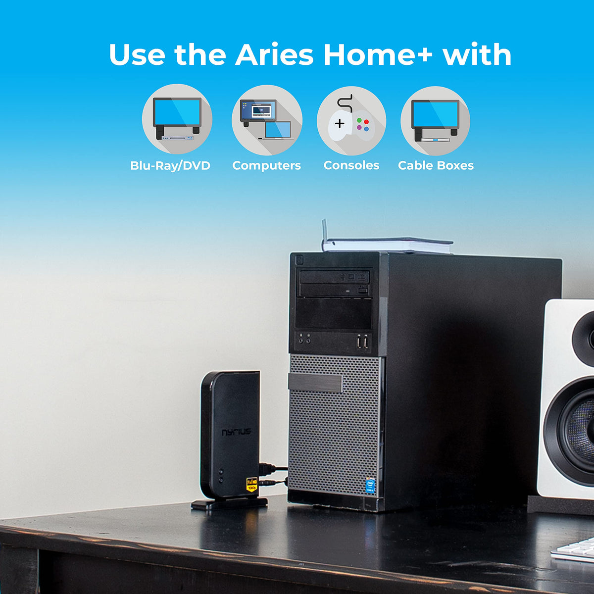 Nyrius Aries Home+ loop-through output supports dual displays from one source.