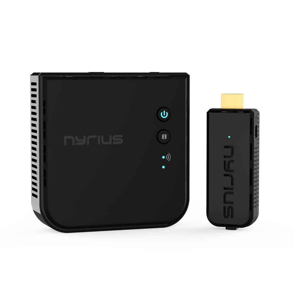 Nyrius Aries Prime transmitter and receiver setup for seamless wireless HDMI transmission.