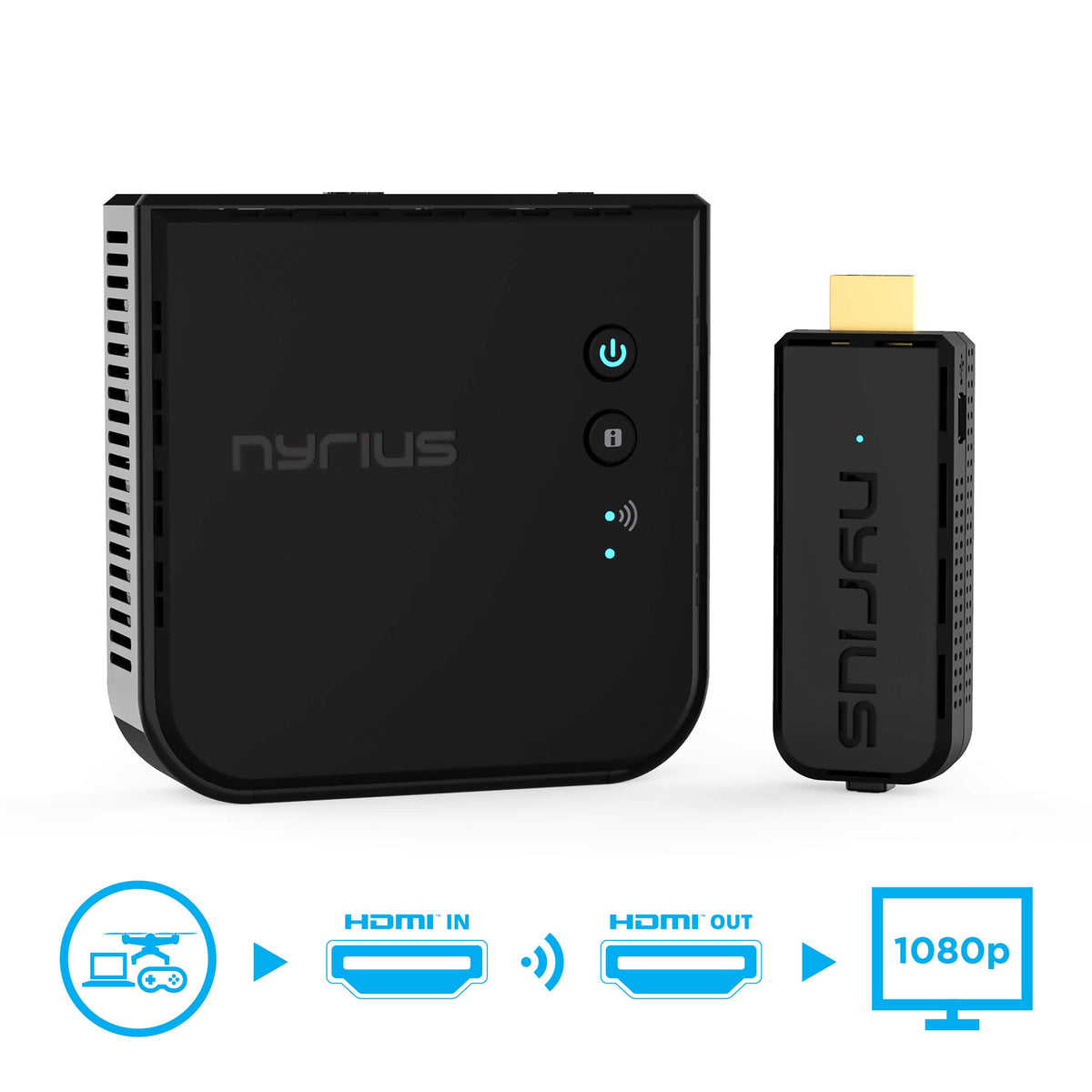 Nyrius Aries Prime wireless HDMI connection delivering 1080p clarity to your TV.