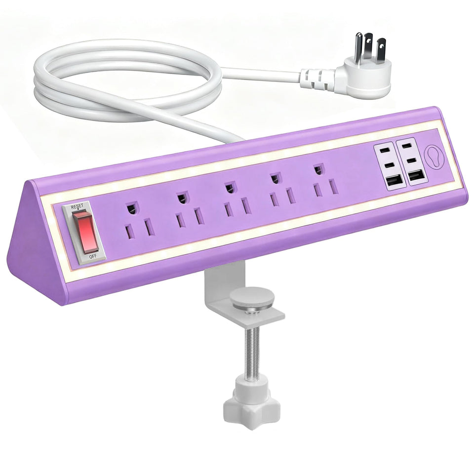 NYYTGE clamp front view showing organized outlets and tidy desk benefit