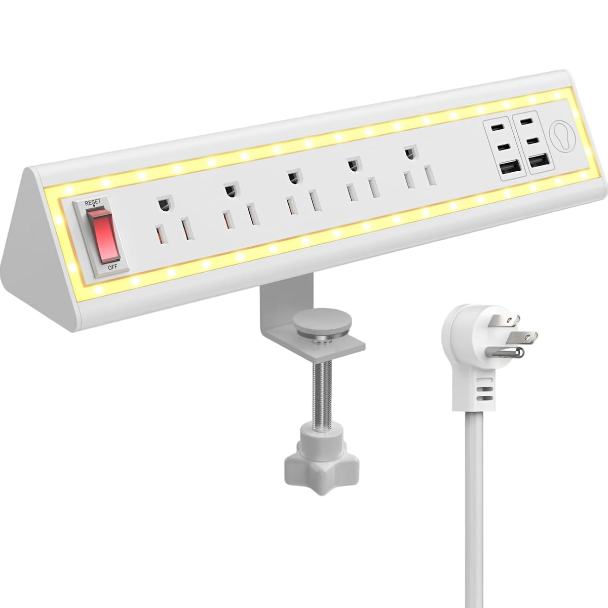 NYYTGE front view showing clamp power strip and outlets for tidy desk access