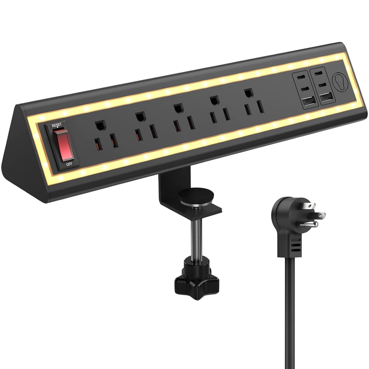 NYYTGE front view showing outlets and USB ports for tidy workspace benefit