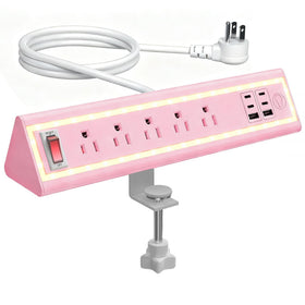 NYYTGE front view showing clamp-mounted power strip and outlets for neat workspace