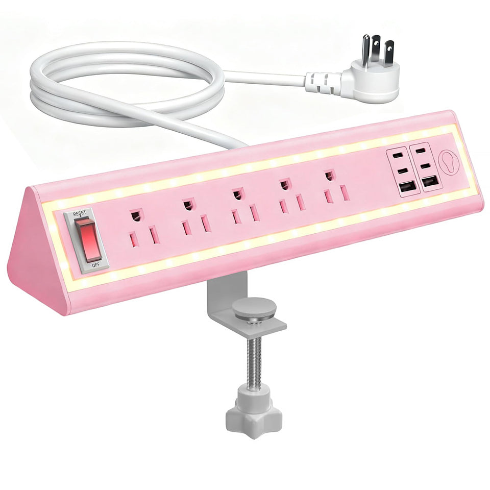 NYYTGE front view showing clamp-mounted power strip and outlets for neat workspace