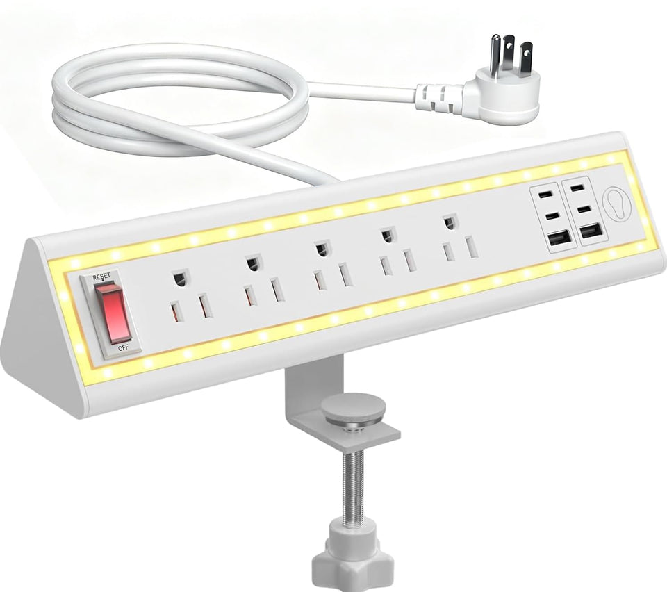 NYYTGE front clamp mounted showing compact power access and tidy desk benefit