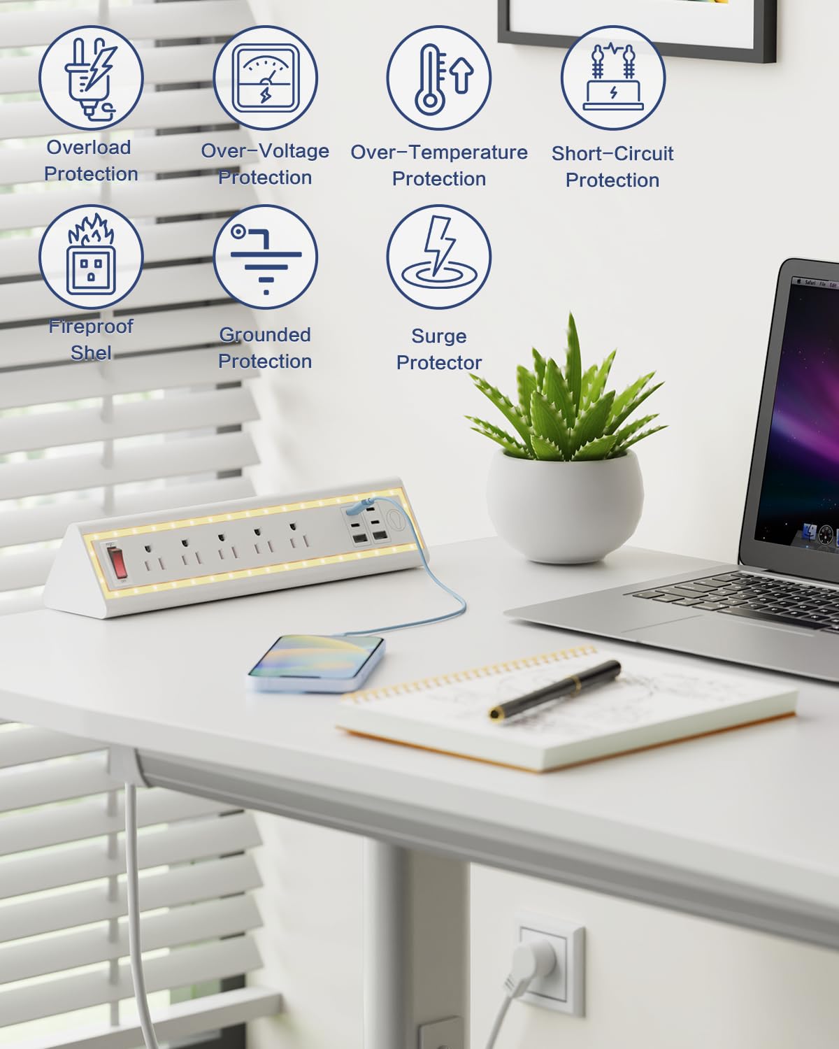 NYYTGE close-up of 4 USB-C, 2 USB-A and five AC outlets enabling fast charging
