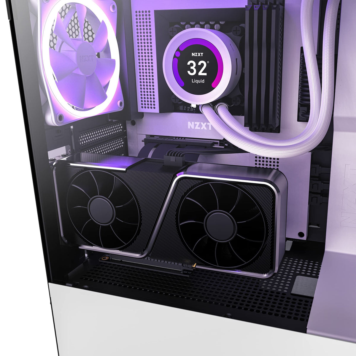 NZXT riser cable installed in-system with vertical GPU for display and airflow