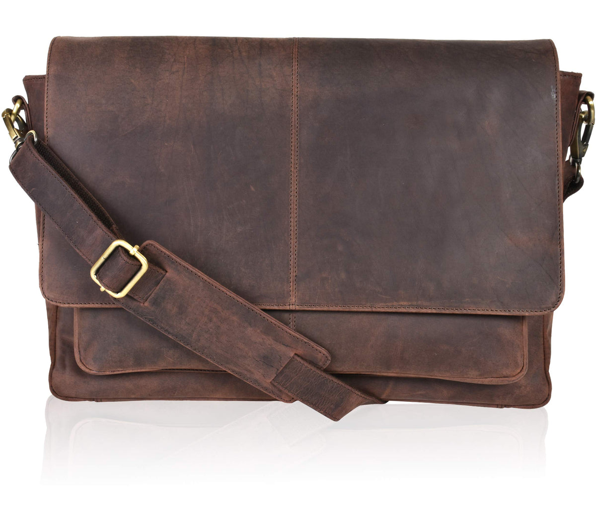 Oak Leathers messenger bag front view showing premium leather and rugged durability