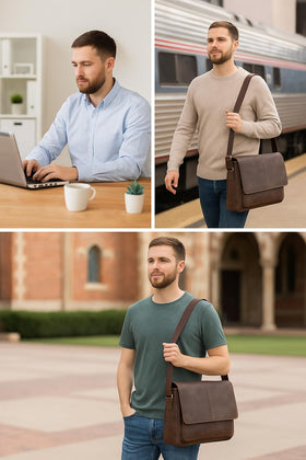 Oak Leathers messenger bag side view highlighting artisanal stitching and vintage charm