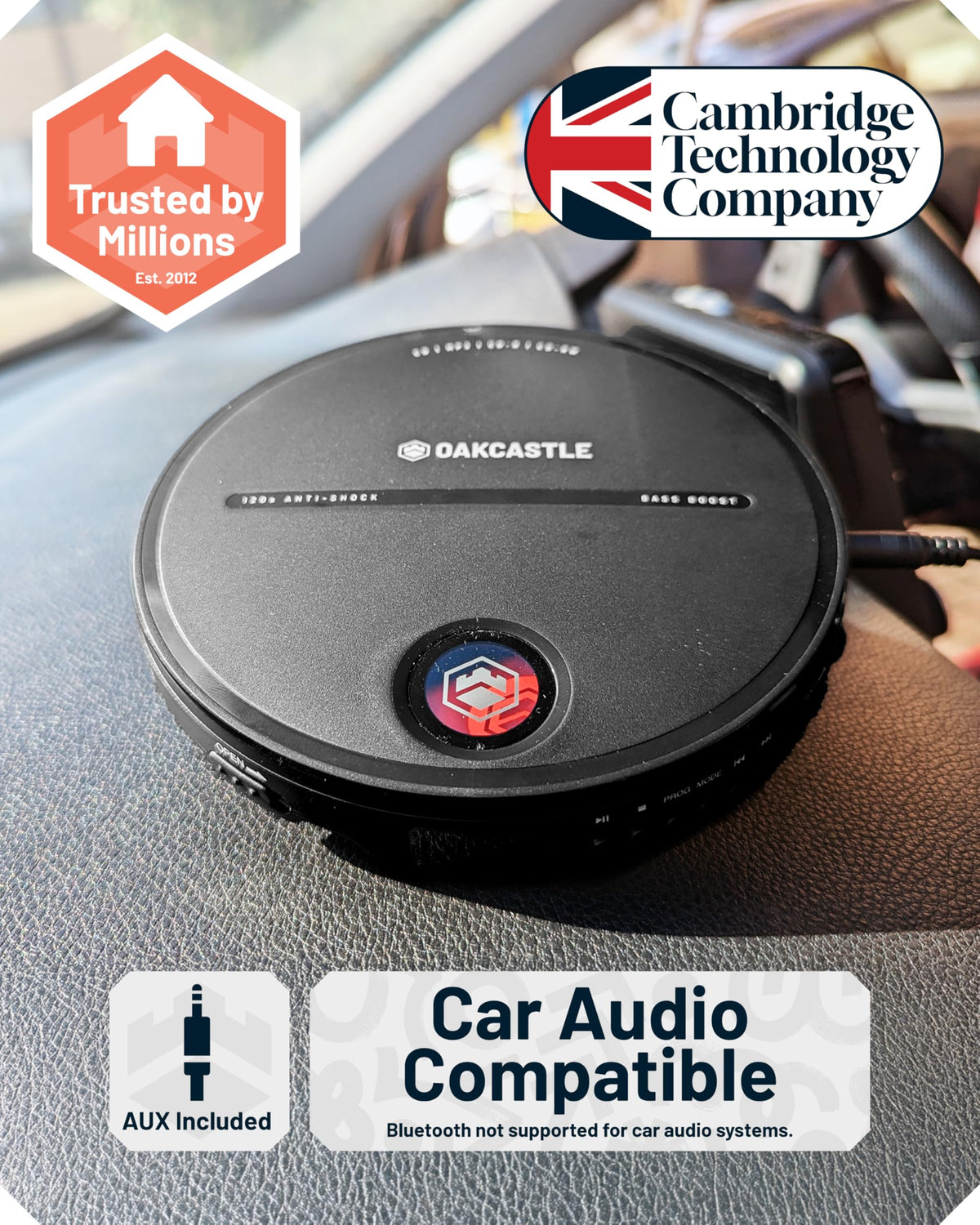 Oakcastle CD10 car AUX compatibility with included cable.