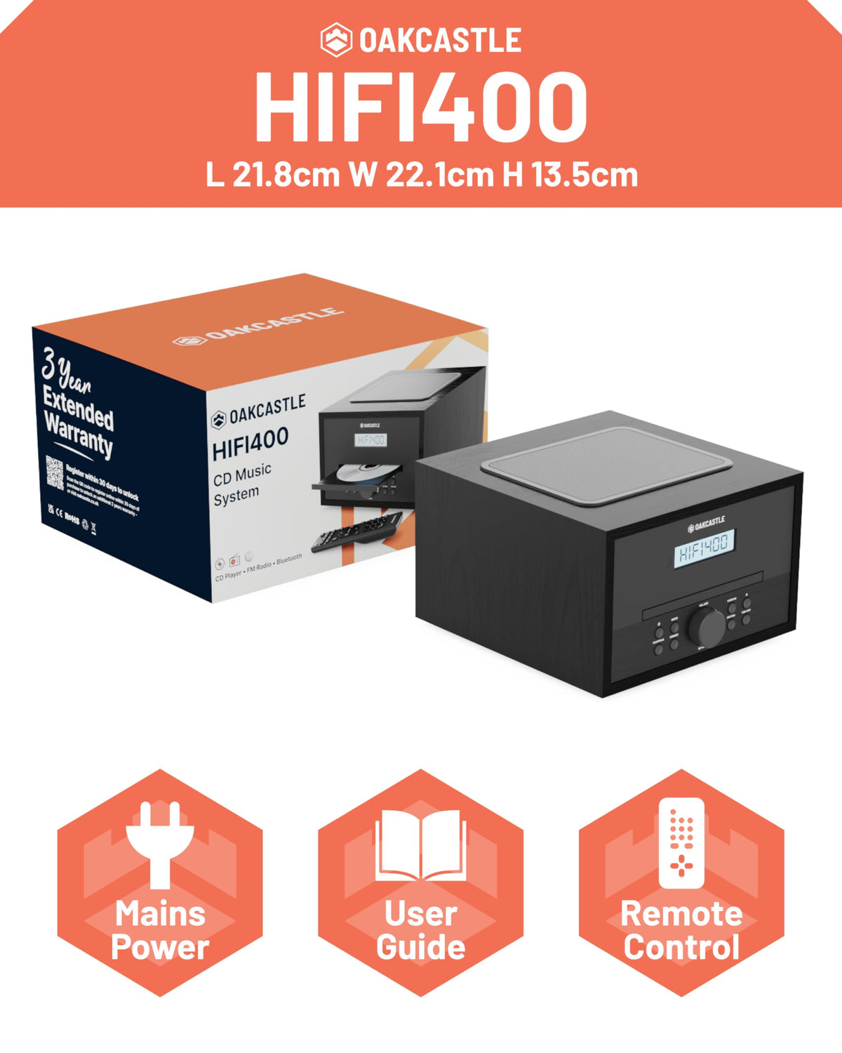 Oakcastle Hifi400 remote control included for easy adjustments