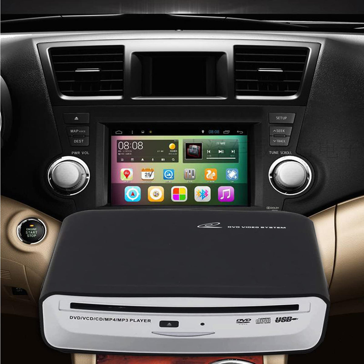 OAUW USB car CD player in use with Android navigation displaying CD data