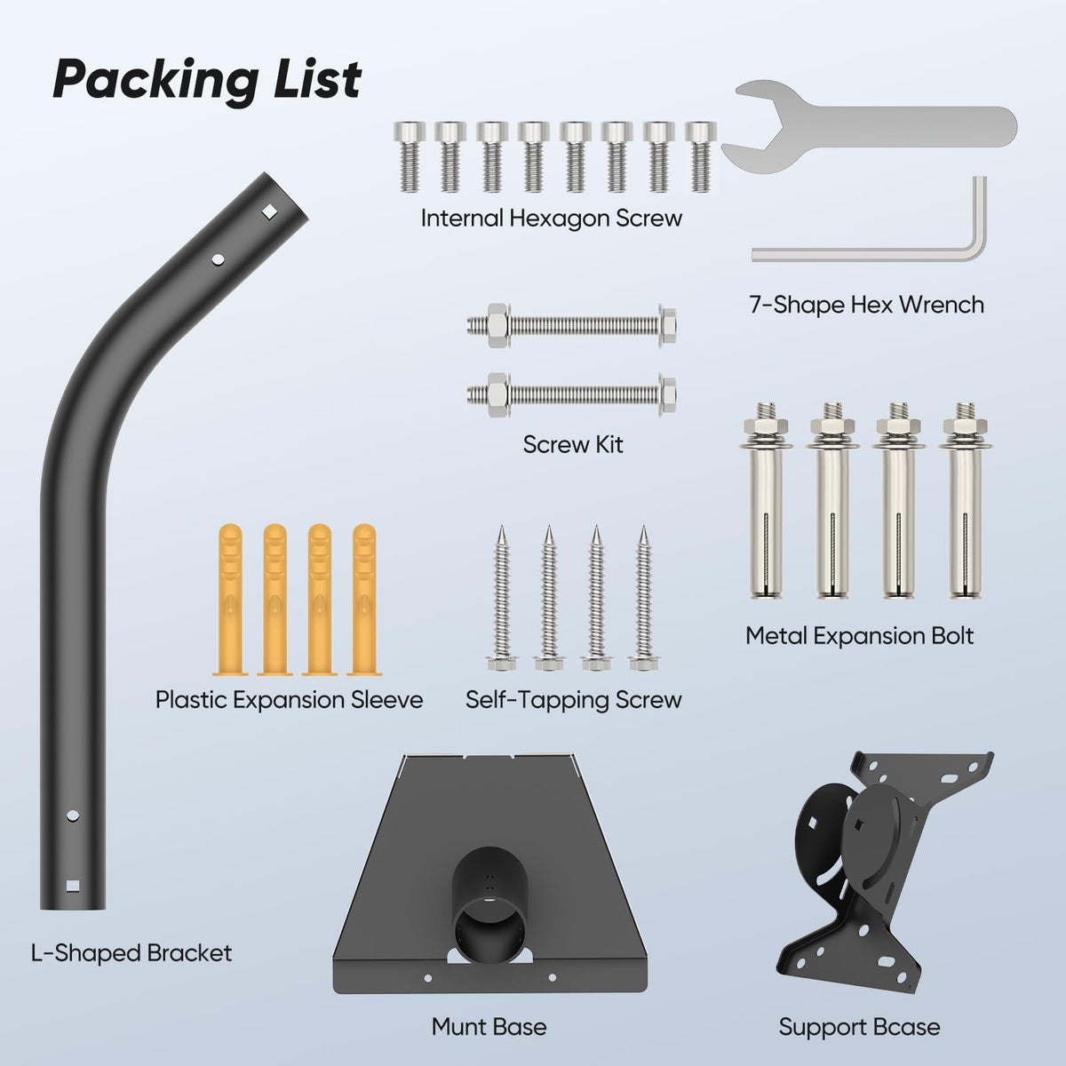 OAWEEN package includes mounting hardware for concrete and wood surfaces