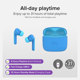 Oaxis earbuds beside a toy showing compact size and portability
