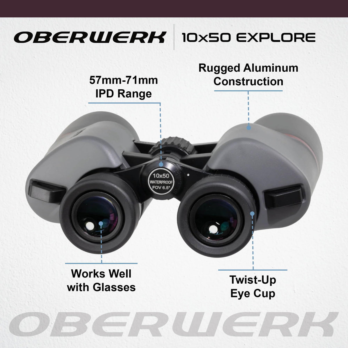 Oberwerk Explore 10x50 binoculars 18mm eye relief comfortable with glasses