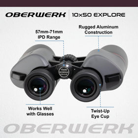 Oberwerk Explore 10x50 binoculars 18mm eye relief comfortable with glasses