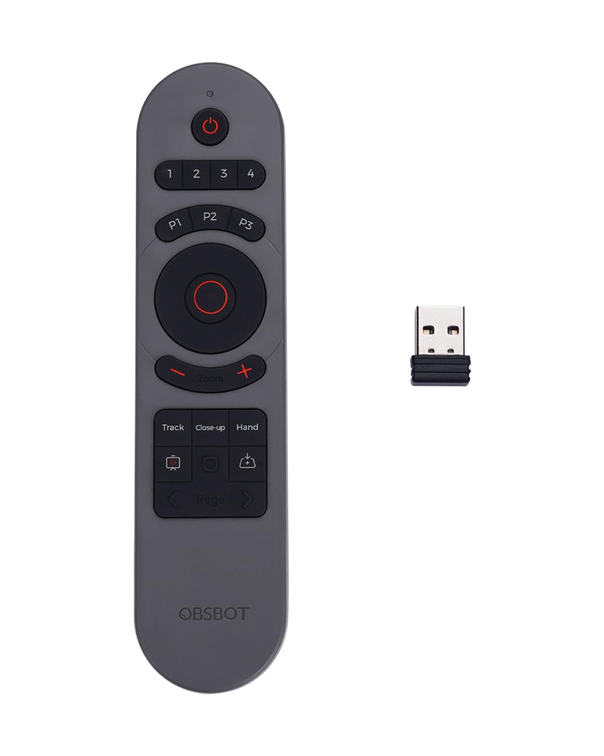 OBSBOT Tiny remote front view showing buttons and elegant design for easy control