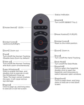 OBSBOT Tiny remote on a desk during a presentation showing combined camera and clicker advantage