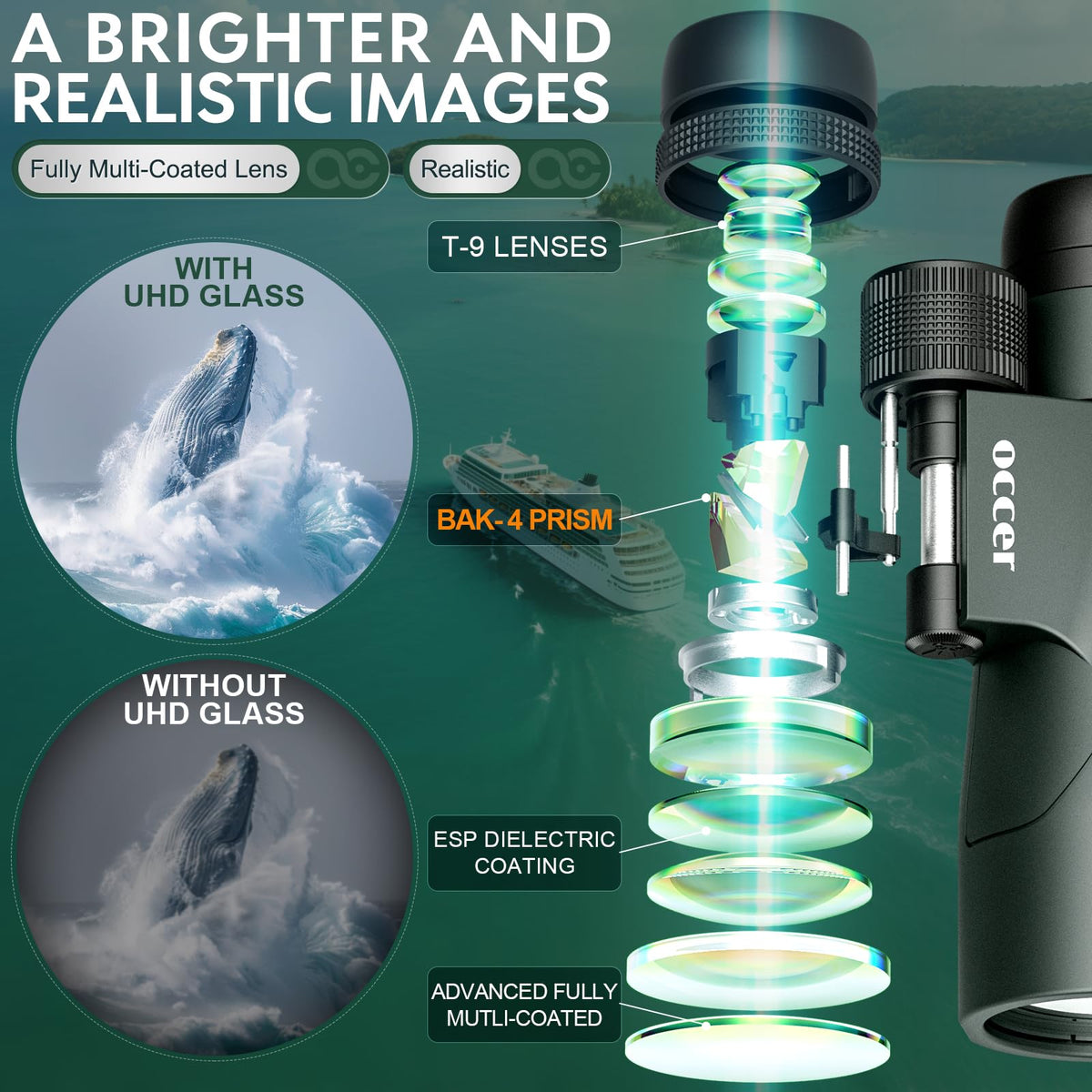 Occer 12x50 binoculars with 50mm objective lens for brighter images in low light