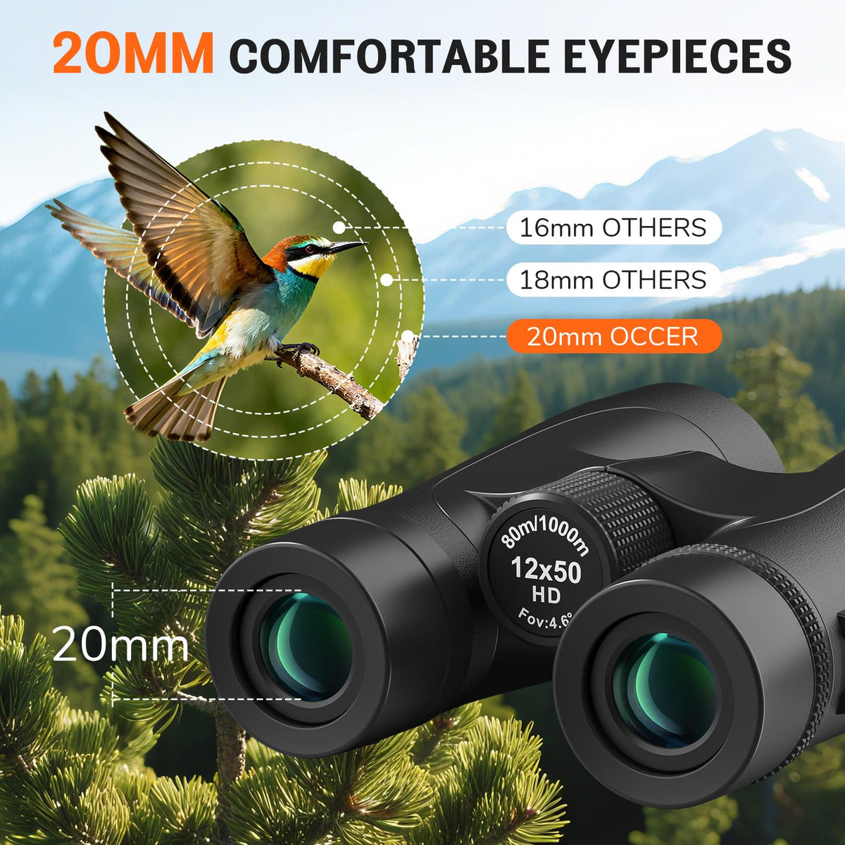 Occer 12x50 binoculars 50mm objective lenses boost light intake for dawn viewing.