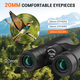 Occer 12x50 binoculars 50mm objective lenses boost light intake for dawn viewing.