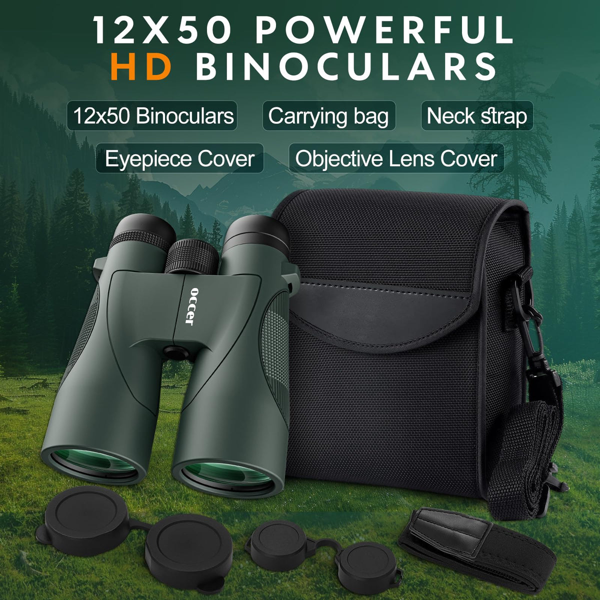 Occer 12x50 includes case, neck strap, and cleaning cloth for travel