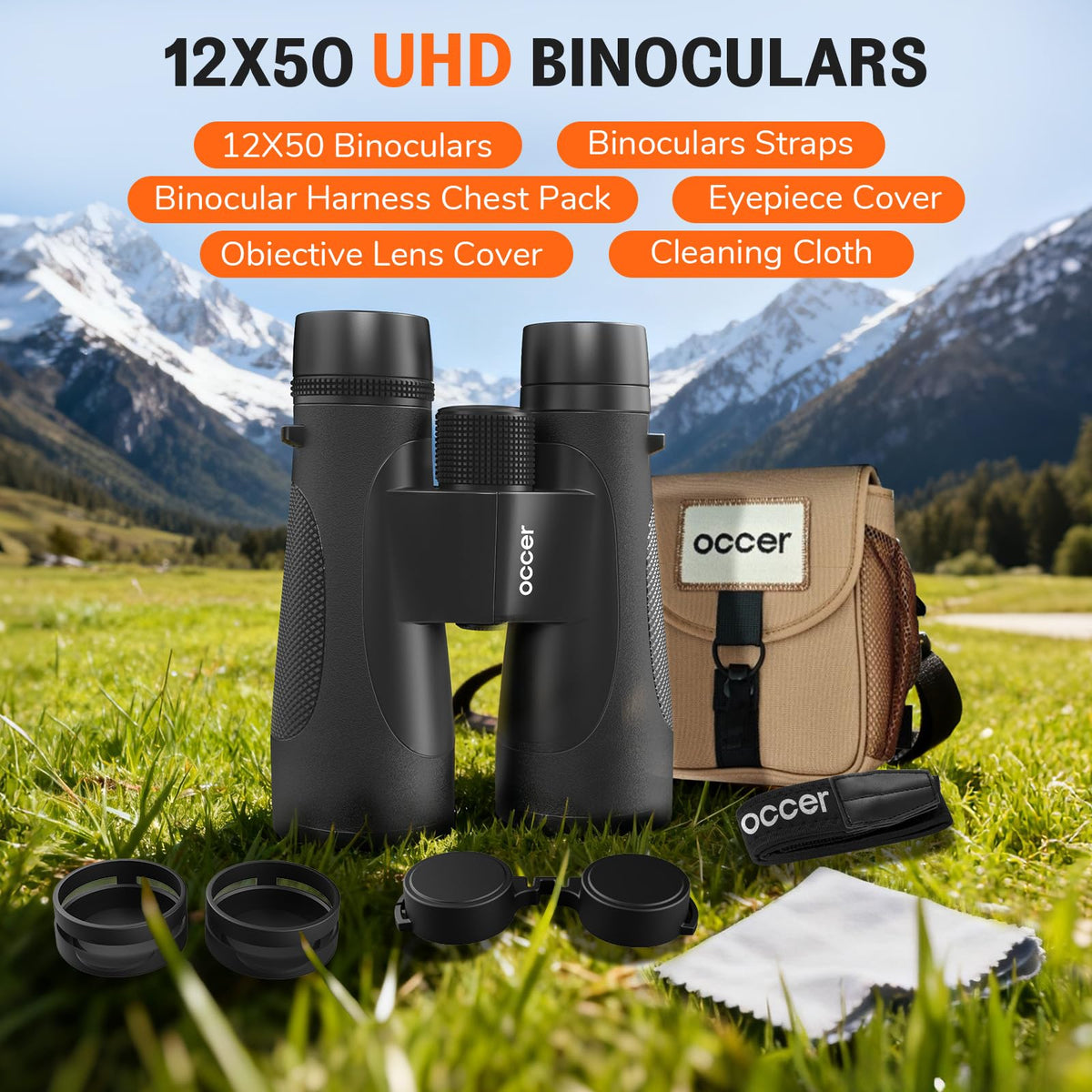 Occer 12x50 binoculars rubber armor provides secure grip in rugged conditions.