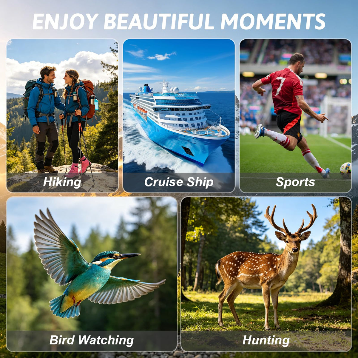 occer lifestyle shot hiking with binoculars showing packable outdoor use